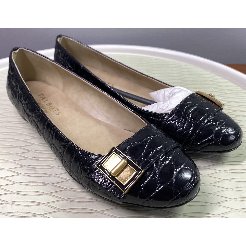 Talbots Womens Leather Loafers Flats Embossed Shoes Black-Gold Buckles Sz.6M NWB